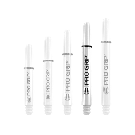 Target Pro Grip Shafts - 3 set - Bianco Auf dem Bild sind fünf weiße Pro Grip Shafts für Dartpfeile in unterschiedlicher Länge zu sehen. Sie sind mit dem Schriftzug "PRO GRIP" und einem schwarzen Ring versehen.