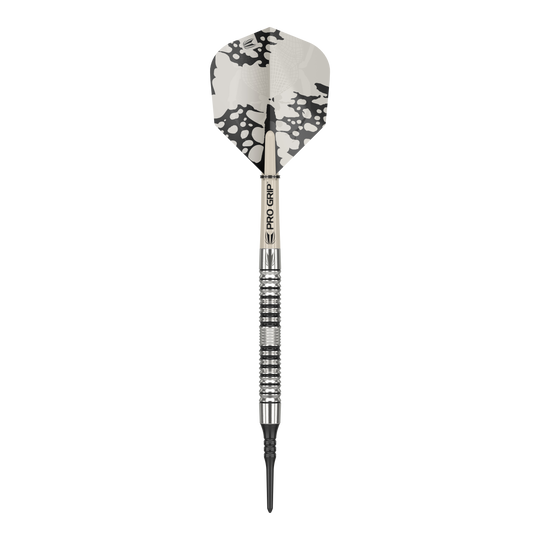 Freccette morbide Target EXO 10 Das Bild zeigt einen Target EXO 10 Softdart. Der Dart hat ein silbernes und schwarzes Design mit einem gemusterten Flight.