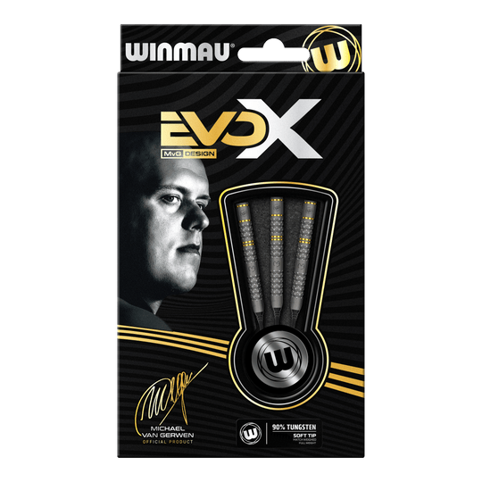 Freccette morbide Winmau Michael Van Gerwen Evo-X - 20g Die Abbildung zeigt die Verpackung der "Winmau Michael Van Gerwen Evo-X Softdarts - 20g". Auf der Vorderseite sind drei Softdarts sowie ein Porträt von Michael Van Gerwen zu sehen.