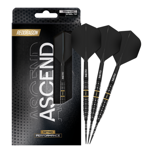 Dardi in acciaio Red Dragon Ascend Torpedo Zu sehen ist das komplette Set der Red Dragon Ascend Torpedo Steeldarts. Die Aufnahme zeigt alle enthaltenen Komponenten des Produkts.