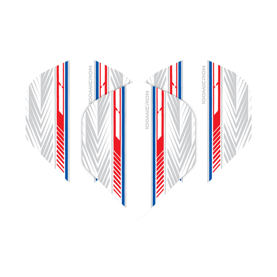 Voli Pentathlon bianchi/rossi/blu Das Bild zeigt die "Pentathlon White Red Blue No2 Standard Flights". Die Flights sind überwiegend weiß mit roten, blauen und grauen Linienmustern.