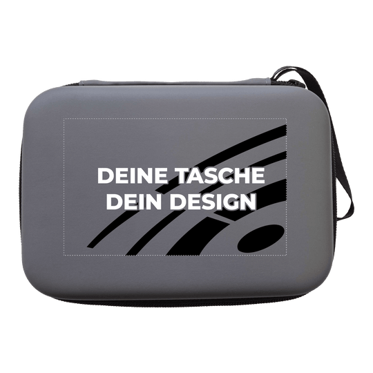 Custodia per freccette System-4 con il tuo design Das Foto zeigt ein McDart System4 Dartcase in Grau. Das Etui ist teilweise geöffnet und gibt einen Einblick ins Innere.