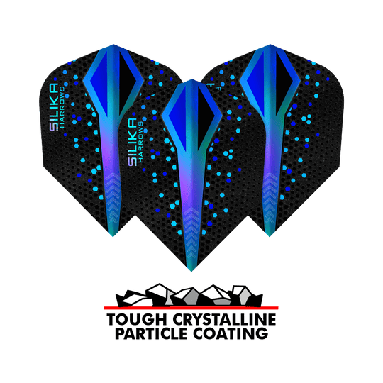 Rivestimento cristallino resistente Harrows Silika Colourshift Blue No6 Flights Das Bild zeigt drei Harrows Silika Colourshift Tough Crystalline Coating Blue No6 Flights. Darunter befindet sich ein Logo mit der Aufschrift "Tough Crystalline Particle Coating".
