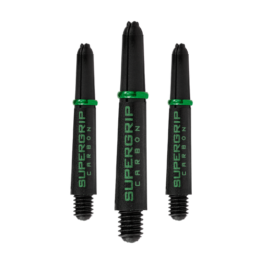 HR360_Harrows_Supergrip_Carbon_Shafts_Gr-n_33mm_10sZZZfPlSbL56 Das Bild zeigt drei schwarze Harrows Supergrip Carbon Shafts mit grünen Ringen. Die Schrift „SUPERGRIP CARBON“ ist in grüner Farbe auf den Schäften zu sehen.