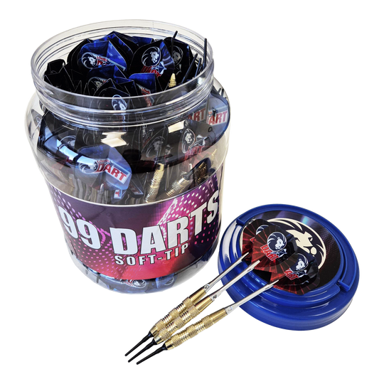 99 freccette Löwen con punta morbida - 18 g Das Bild zeigt eine große Dose mit der Aufschrift „99 DARTS SOFT-TIP“, die viele Soft-Tip-Darts enthält. Drei der 18g Darts liegen auf dem blauen Deckel neben der Dose.