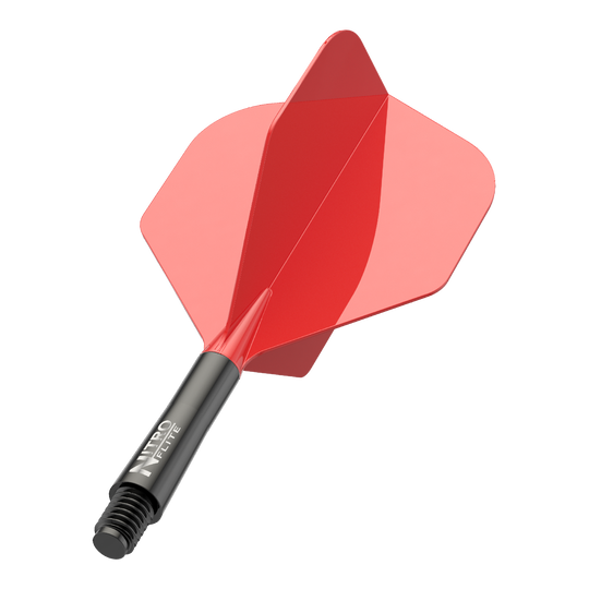 Red Dragon Nitroflite - Asta nera, alette rosse n. 2 Zu sehen ist ein Nitro-Flite in Schwarz und Rot, Short Größe, 22 mm. Das Bild zeigt die Details und Farben des Dart-Flights.