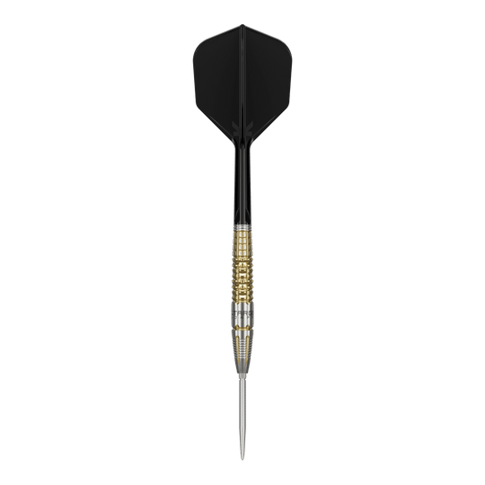 Freccette in acciaio Target Black Marque Warrior Swiss Point Das Bild zeigt einen Target Black Marque Warrior Swiss Point Steeldart. Der Dart hat eine schwarze Flight, einen gold-silbernen Griffbereich und eine spitze Stahlspitze.