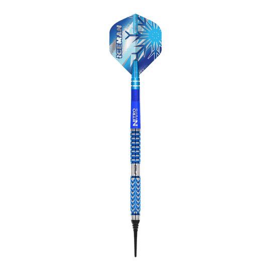 Freccette morbide Red Dragon Gerwyn Price Glacier - 18 g Dieses Bild zeigt den Red Dragon Gerwyn Price Glacier Softdart mit einem Gewicht von 18g. Der Dart hat ein auffälliges blaues Design mit eisigen Mustern und dem Schriftzug "ICEMAN" auf der Flights.