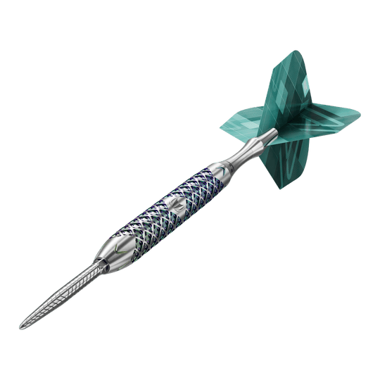 Freccette in acciaio Target Rove 01 Swiss Point Das Bild zeigt einen Target Rove 01 Swiss Point Steeldart mit silbernem Schaft und blau-grünen Akzenten. Am hinteren Ende befindet sich eine grün gemusterte Dartflügel.