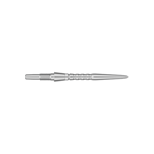 Punte per freccette in acciaio Target Swiss Point Storm Surge - argento Das Bild zeigt eine silberne Steeldartspitze mit feinen Rillen und einem spitzen Ende. Die Spitze ist schlank und hat eine Länge von 26 mm.