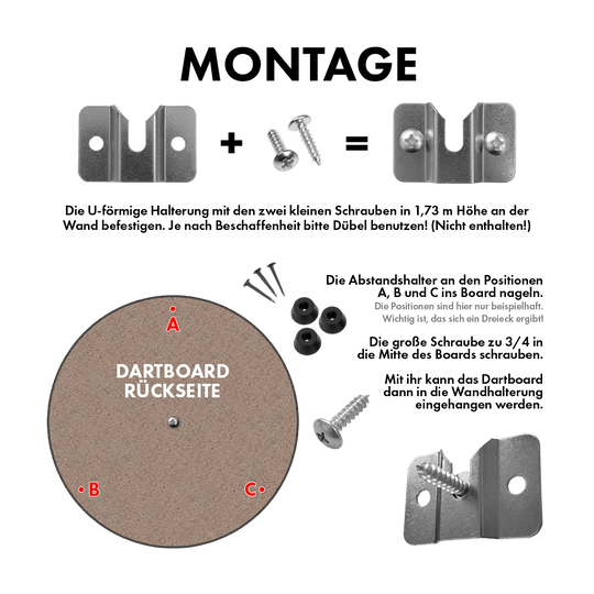 666_Steeldartboard_Wandhalterung_2Ds8lXgAHt5RyR Das Bild zeigt eine Wandhalterung für ein Steeldartboard mit den dazugehörigen Schrauben und Befestigungsteilen. Es wird dargestellt, wie die Halterung an der Wand und am Dartboard montiert wird.