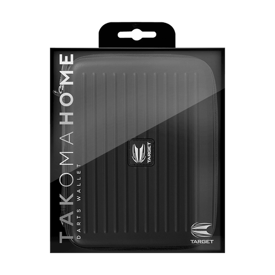 125860_Target_Takoma_Home_Dartwallet_Schwarz_3 Das Bild zeigt das Produkt "Target Takoma Home Dartwallet" in seiner Verpackung. Das Dartwallet ist schwarz und hat ein geriffeltes Design mit dem Target-Logo auf der Vorderseite.
