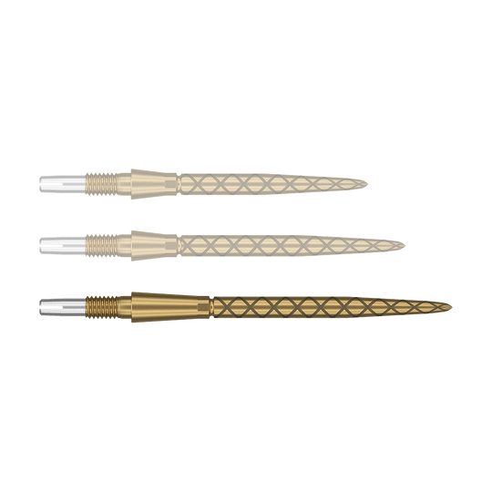 Punte per freccette Target Swiss Storm Diamond Point - Oro Das Bild zeigt drei goldfarbene Dartspitzen mit einem rautenförmigen Muster. Die Enden der Spitzen sind silbern und haben ein Gewinde zum Befestigen.