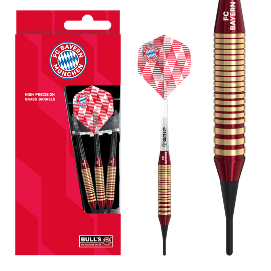 Freccette morbide in ottone Bulls FC Bayern Monaco - 18 g Das Bild zeigt die Bulls FC Bayern München Brass Softdarts mit einem Gewicht von 18g. Das Produkt ist speziell für Fans des FC Bayern München entworfen.