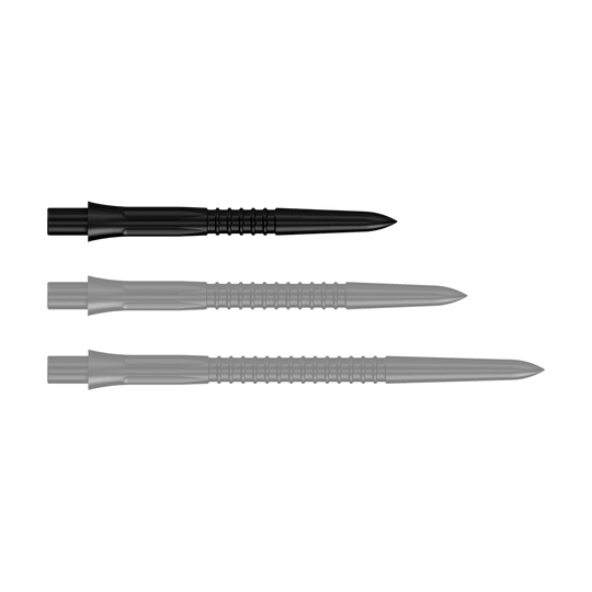 Punte per freccette Mission Caliburn EVO GV1 - Nere Schwarze Steeldartspitzen, 26 mm Länge, aus der Misson Caliburn EVO GV1 Serie. Die Aufnahme zeigt eine Detailansicht der Dartspitzen.