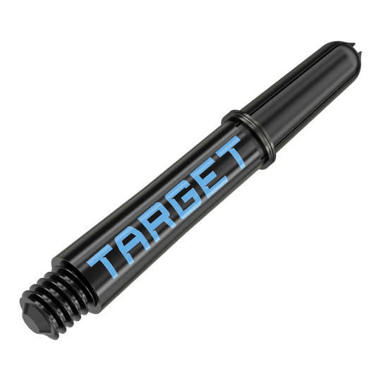 Aste Target Pro Grip TAG - 3 set - Nero Blu Dies ist ein schwarzer Dart-Schaft mit blauem Schriftzug „TARGET“. Er hat ein Schraubgewinde an einem Ende und eine glatte Oberfläche.