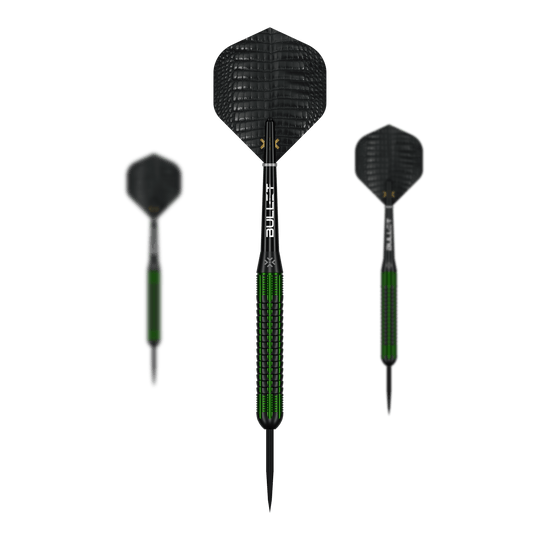 Bullet Gator freccette in ottone e acciaio - 22 g Auf dem Bild ist ein Set der Bullet Gator Brass Steeldarts - 22g zu sehen. Das Set enthält mehrere Darts mit je 22 Gramm Gewicht.