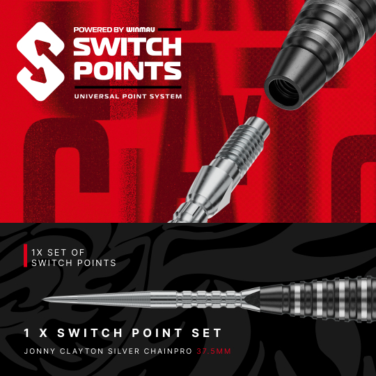 Freccette in acciaio Switch Point Red Dragon Jonny Clayton RD-PRO Das Bild präsentiert Red Dragon Jonny Clayton RD-PRO Switch Point Steeldarts. Die Dartpfeile sind geordnet auf einer hellen Fläche zu sehen.