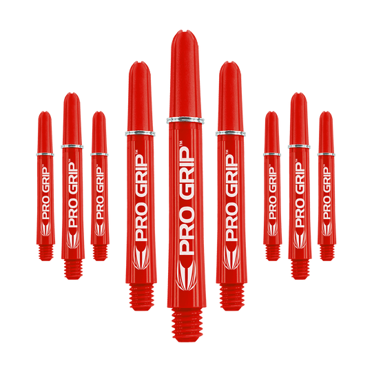 Target Pro Grip Shafts - 3 set - Rosso Das Bild zeigt mehrere rote Dartschäfte mit der Aufschrift "PRO GRIP". Die Schäfte sind in einer symmetrischen Anordnung dargestellt und heben sich deutlich vom Hintergrund ab.