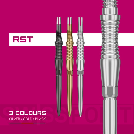 Target Swiss Point Dartspitzen Signature RST - Silber wird dargestellt. Die Spitzen sind robust und elegant gestaltet.