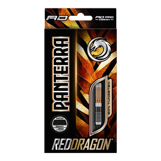 Freccette morbide Red Dragon Panterra - 20 g Das Bild zeigt eine Verpackung der "Red Dragon Panterra Softdarts - 20g". Die Packung ist auffällig gestaltet und hebt den Schriftzug "Panterra" sowie das Red Dragon-Logo hervor.