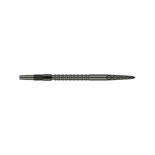 Das Bild zeigt eine schwarze Dartspitze mit geriffelten und eingekerbten Mustern. Die Spitze ist 35 mm lang und hat ein elegantes, technisches Design.