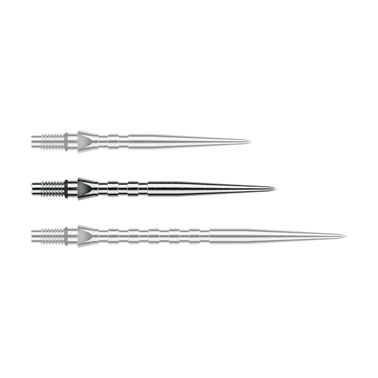 Abgebildet ist eine einzelne Winmau Switch Point Groove Steeldartspitze mit 30mm Länge in silberner Optik. Die Spitze ist schmal und gerillt für besseren Halt.