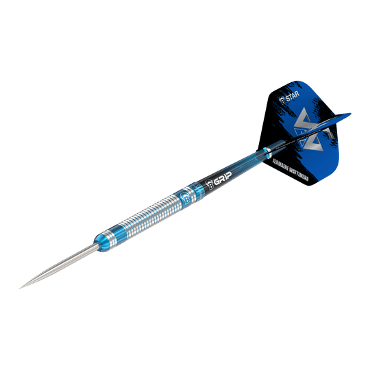 Freccette in acciaio Bulls Jermaine Wattimena Generation 3 Das Bild zeigt einen Steeldartpfeil mit silber-blauer Riffelung am Barrel. Auf dem Flight steht „Jermaine Wattimena“ und er ist mit dem Produktnamen „Bulls Jermaine Wattimena Generation 3 Steeldarts“ versehen.