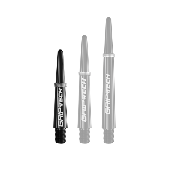 Alberi GOAT Griptech - Neri Das Bild zeigt drei schwarze Dartschäfte in unterschiedlichen Längen mit der Aufschrift "GRIPTECH". Sie sind senkrecht nebeneinander angeordnet und haben ein schlichtes, modernes Design.