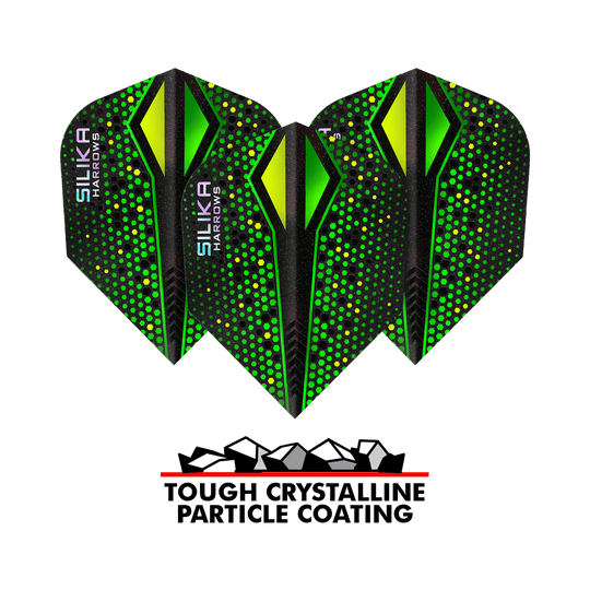 Harrows Silika Colorshift Resistente rivestimento cristallino Green-X No6 Alette Das Bild zeigt drei grüne Harrows Silika Colourshift Tough Crystalline Coating No6 Flights für Darts. Unten befindet sich ein Logo mit der Aufschrift „Tough Crystalline Particle Coating“.