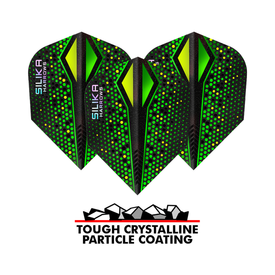Harrows Silika Colorshift Resistente rivestimento cristallino Green-X No6 Alette Im Bild erkennbar sind die Harrows Silika Colourshift Tough Crystalline Coating Green-X No6 Flights. Auffällige Muster sind sichtbar.