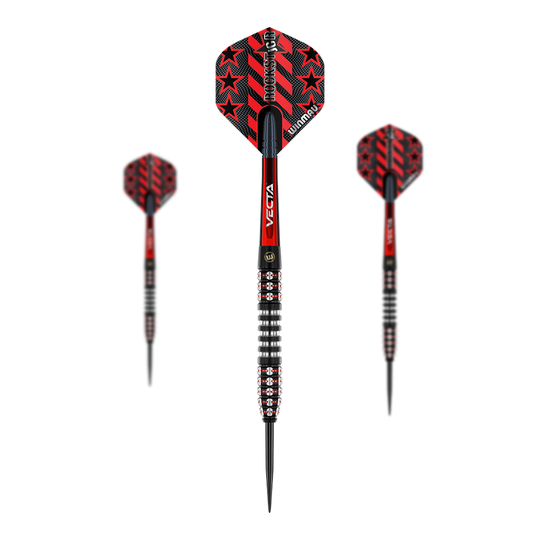 Freccette in acciaio Winmau Joe Cullen Ignition Series Das Bild zeigt die Winmau Joe Cullen Ignition Series Steeldarts. Die Darts sind schwarz und rot gestaltet und haben rote Sterne auf den Flights.