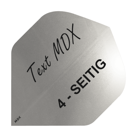 10 set di voli metallici stampati su 4 lati - testo personalizzato - MDX Standard Das Bild zeigt einen silbernen Dartflight mit der Aufschrift "Text MDX" und "4-SEITIG". Der Flight hat eine metallische Oberfläche und eine spezielle Form.