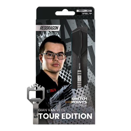 Freccette in acciaio Switch Point Red Dragon Gian Van Veen Tour Edition - 21 g Das Bild zeigt die Red Dragon Gian Van Veen Tour Edition Switch Point Steeldarts - 21g. Die Darts haben ein modernes und robustes Design.