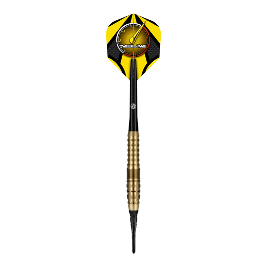 Freccette morbide Shot Redline Gizmo - 20 g Der "Shot Redline Gizmo Softdart - 20g" ist ein Softdartpfeil mit gelben und schwarzen Flights. Der Dart hat einen goldfarbenen Griff und eine schwarze Spitze.