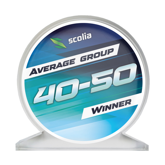 Acrylglaspokal mit der Aufschrift 'Average 40-50' ist abgebildet. Der Pokal hat eine klare, rechteckige Form.