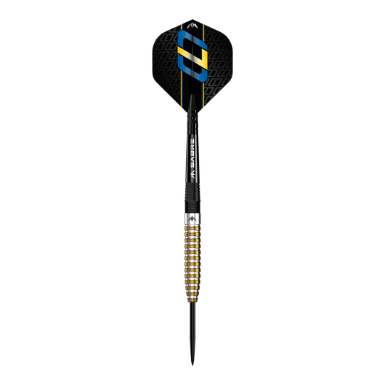 Freccette in acciaio Mission Oskar Lukasiak PVD oro nero - 22 g Dies ist ein Steeldart mit schwarzer und goldener PVD-Beschichtung. Das Design zeigt gezielte Rillen am Barrel und bunte Details auf dem Flight.