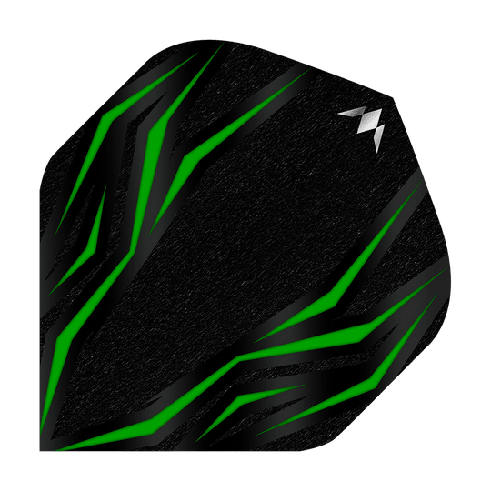 Voli standard Mission Lava Green No2 Das Bild zeigt einen schwarzen Dartflight mit grünen, diagonalen Linien. In der oberen rechten Ecke befindet sich ein kleines, silbernes Logo.