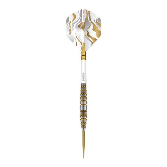 Das Bild zeigt die Red Dragon Paradym Gold Torpedo Steeldarts. Diese Steeldarts haben eine torpedoförmige Spitze und eine goldene Farbe.