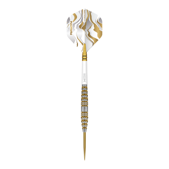 Freccette in acciaio Red Dragon Paradym Gold Torpedo Das Bild zeigt die Red Dragon Paradym Gold Torpedo Steeldarts. Diese Steeldarts haben eine torpedoförmige Spitze und eine goldene Farbe.