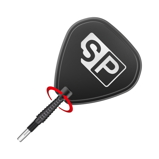 Punte per freccette Target Swiss Storm LNC - Nere Das Bild zeigt eine schwarze Dartspitze mit dem weißen „SP“-Logo darauf. Die Spitze ist schräg platziert und durch einen roten Pfeil hervorgehoben.