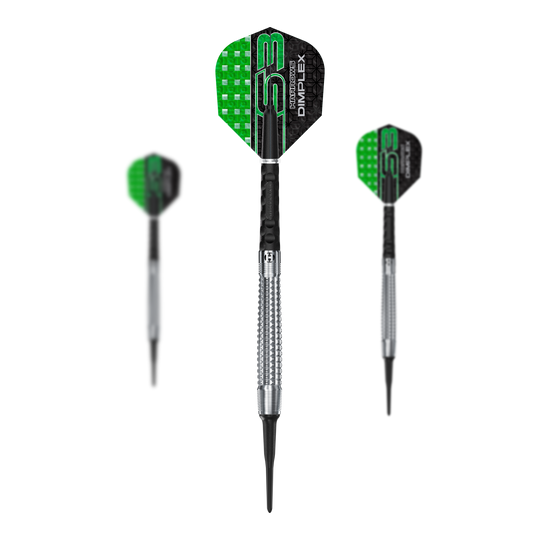 Freccette morbide coniche Harrows Dimplex S3 Das Bild zeigt drei Softdarts mit silbernen Spitzen und grün-schwarzen Flights. Auf den Flights steht der Produktname "Harrows Dimplex S3".