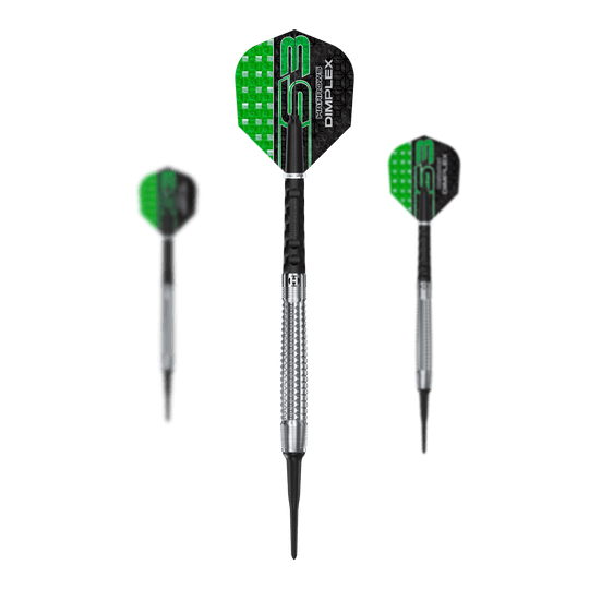 Freccette morbide coniche Harrows Dimplex S3 Das Set Harrows Dimplex S3 Tapered Softdarts wird gezeigt. Die Darts haben ein spezielles Griffdesign.