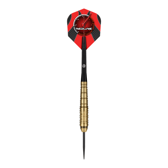 Freccette in acciaio Shot Redline Mach 1 Das Bild zeigt einen Steeldartpfeil mit goldfarbenem Griff und schwarzer Spitze. Die Dartflügel sind rot-schwarz gestaltet und tragen das "Redline"-Logo.