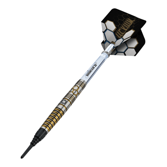 Freccette morbide Unicorn Hexium Style 03 Oro e Nero - 23 g Auf diesem Bild sind Unicorn Hexium Style 03 Gold & Black Softdarts, 23g, dargestellt. Die Pfeile kombinieren goldene und schwarze Elemente im Design.