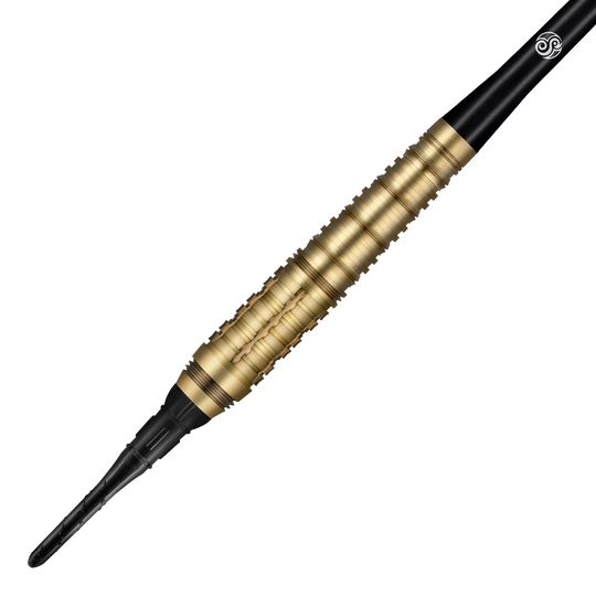 Freccette morbide Shot Redline Mach 1 - 20 g Auf dem Bild ist ein Shot Redline Mach 1 Softdart mit einem Gewicht von 20g zu sehen. Der Dartpfeil hat einen goldfarbenen, geriffelten Griff und eine schwarze Spitze.