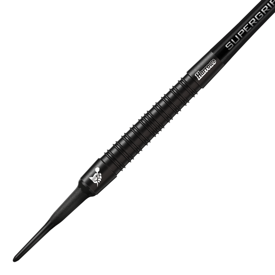 Freccette morbide Harrows Supergrip Black Edition Das Bild zeigt einen Harrows Supergrip Black-Edition Softdart. Der Dart ist komplett schwarz und hat eine strukturierte Griffoberfläche.