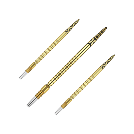 Punte per freccette Target Swiss DS Surge Point - Oro Das Bild zeigt drei goldene Dartspitzen mit feinen Rillen und schwarzen Mustern. Sie sind schlank und haben silberne Spitzen am Ende.