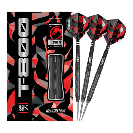 Dardi d'acciaio Red Dragon T-800 Das Bild zeigt die Red Dragon T-800 Steeldarts und ihre Verpackung. Die Darts haben ein schwarzes Design mit roten und silbernen Akzenten.