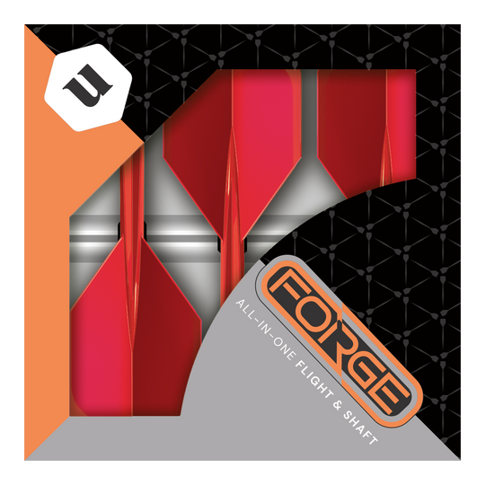 Unicorn Forge All In One Plus No2 Standard Flights Rosso - Medio Das Bild zeigt eine Packung mit roten Unicorn Forge All In One Plus No2 Standard Flights in mittlerer Größe. Die Verpackung ist schwarz und orange mit dem Schriftzug "FORGE" und "ALL-IN-ONE FLIGHT & SHAFT".